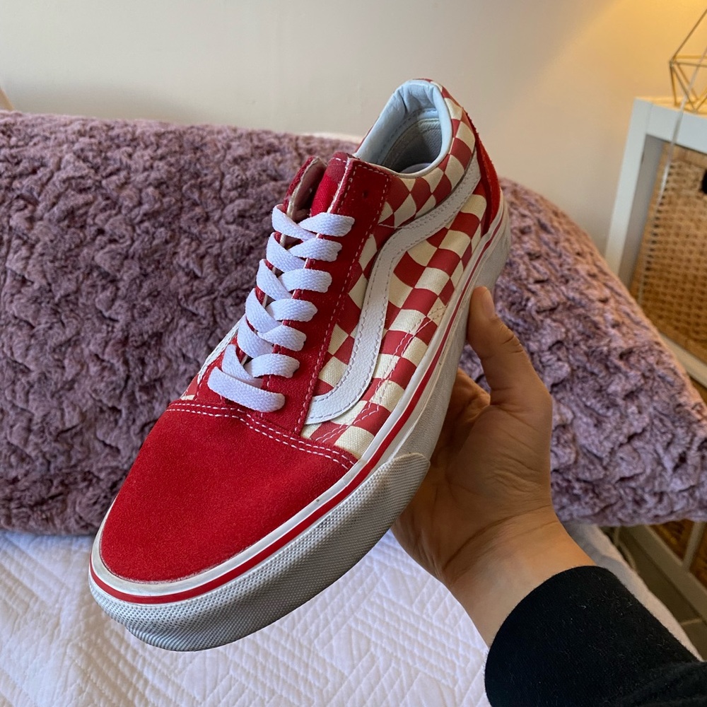 Red checkered old skool vans